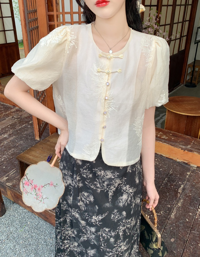 Retro embroidered flowers small shirt short sleeve shirt