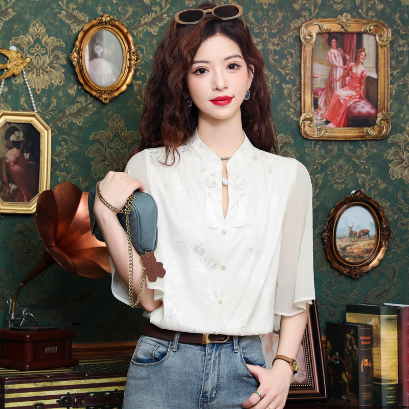 Summer Chinese style shirt light satin tops