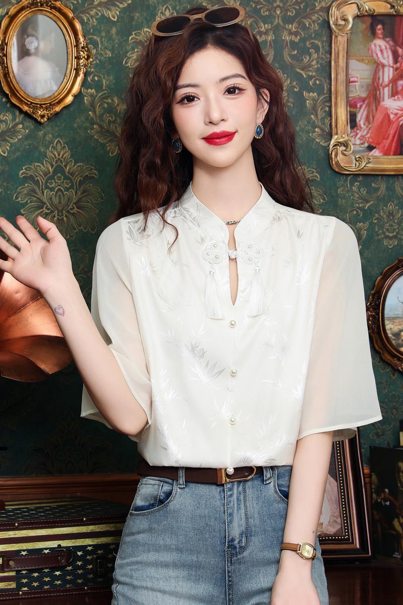 Summer Chinese style shirt light satin tops