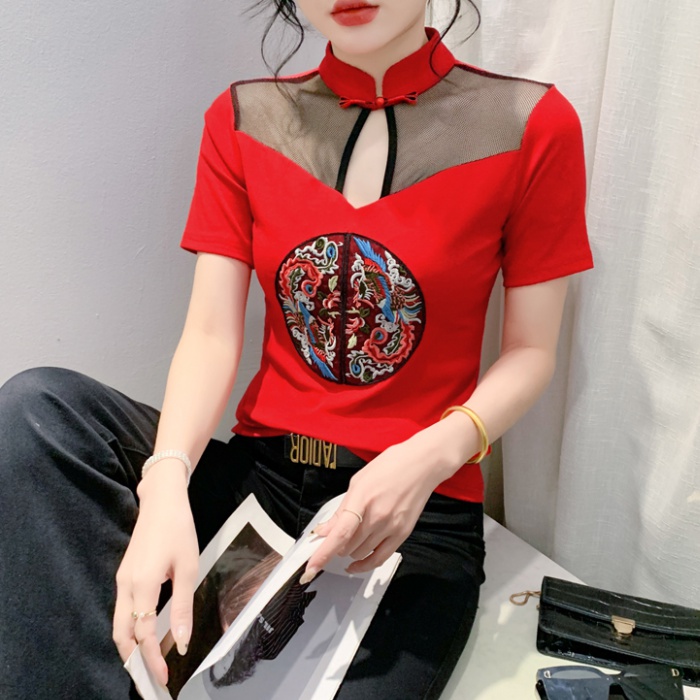 Summer unique splice T-shirt embroidery hollow small shirt