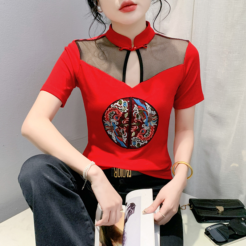 Summer unique splice T-shirt embroidery hollow small shirt