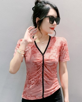Short sleeve thin T-shirt mixed colors gauze tops for women