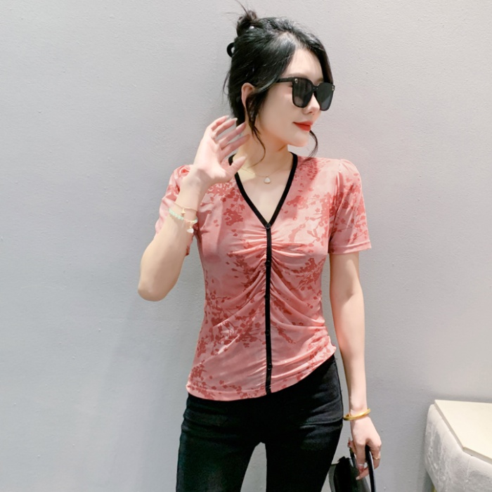 Short sleeve thin T-shirt mixed colors gauze tops for women