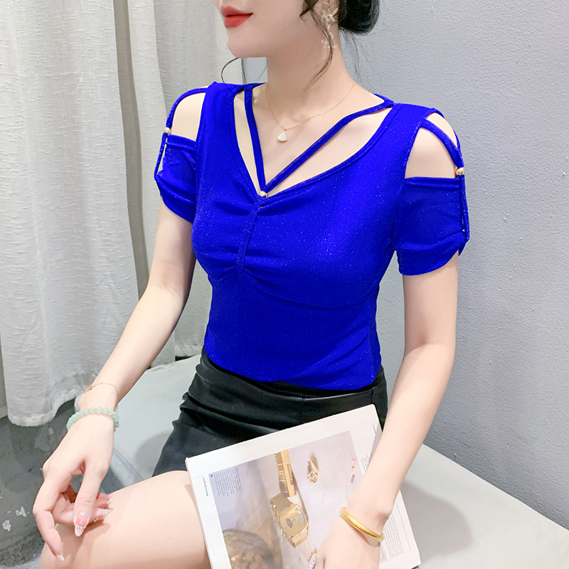 V-neck hollow T-shirt adjustable small shirt for women