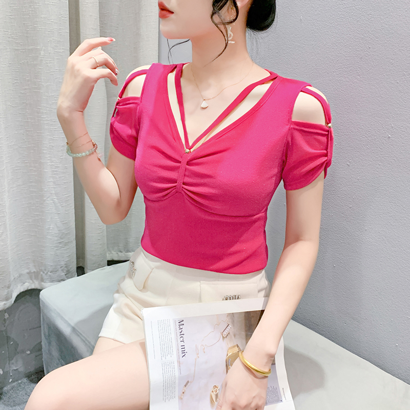 V-neck hollow T-shirt adjustable small shirt for women