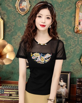 Retro embroidery small shirt short sleeve gauze tops for women