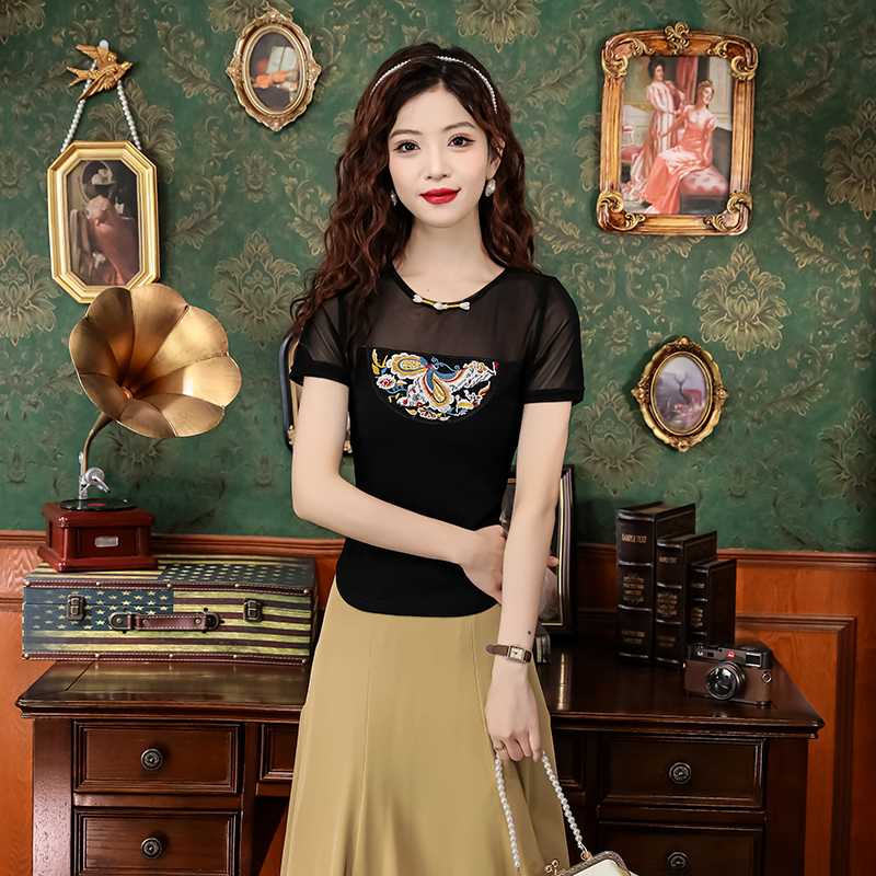 Retro embroidery small shirt short sleeve gauze tops for women