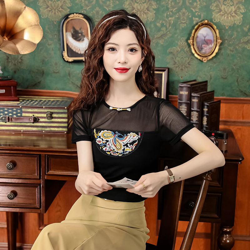 Retro embroidery small shirt short sleeve gauze tops for women