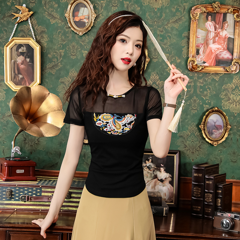 Retro embroidery small shirt short sleeve gauze tops for women