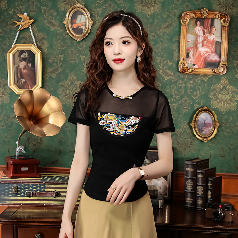 Retro embroidery small shirt short sleeve gauze tops for women