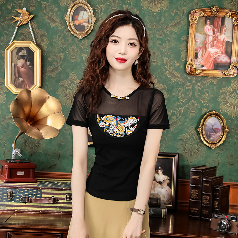 Retro embroidery small shirt short sleeve gauze tops for women