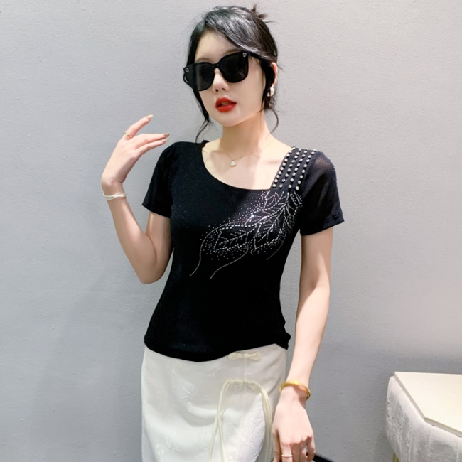 Gauze unique T-shirt beading rhinestone tops for women