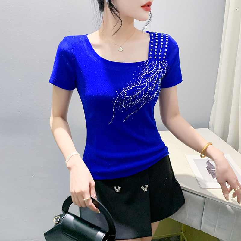 Gauze unique T-shirt beading rhinestone tops for women