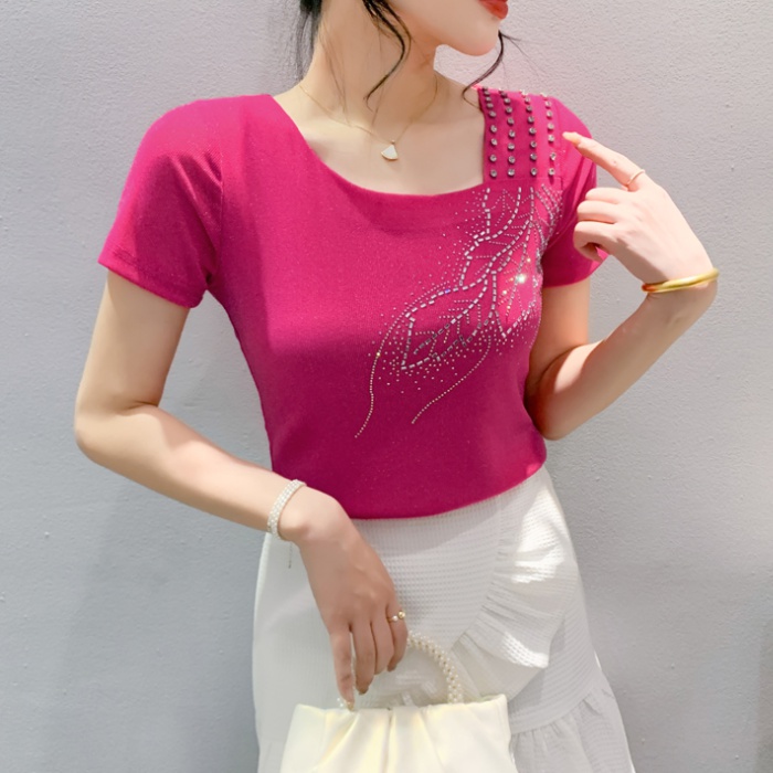 Gauze unique T-shirt beading rhinestone tops for women