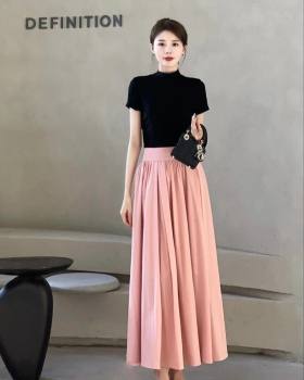 High waist France style skirt short sleeve pink T-shirt 2pcs set