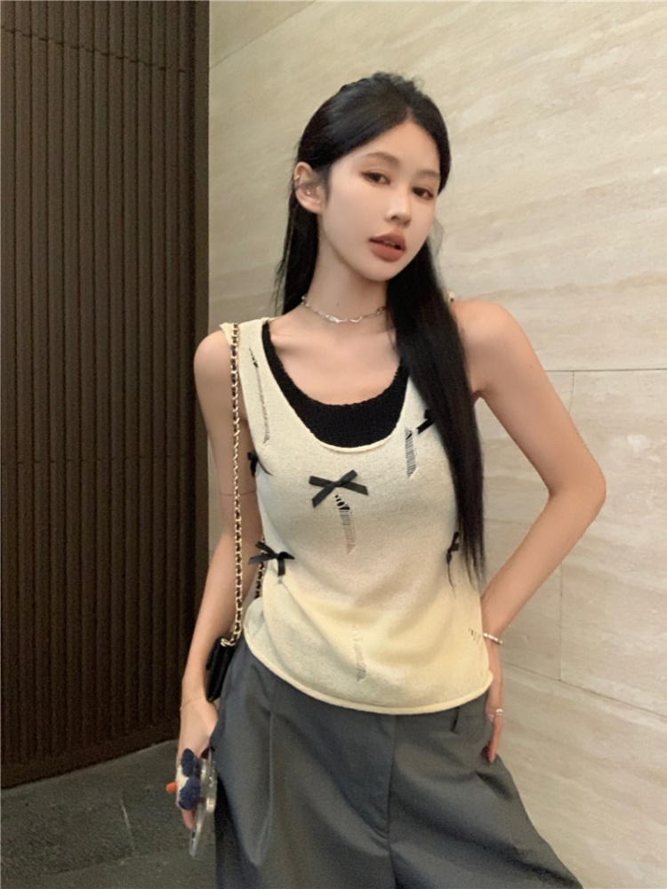 Holes Pseudo-two knitted vest spicegirl bow tops for women