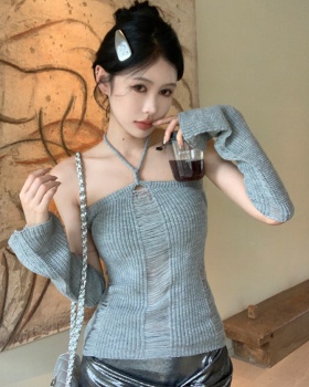 Knitted sleeve sexy sling vest halter hollow tops