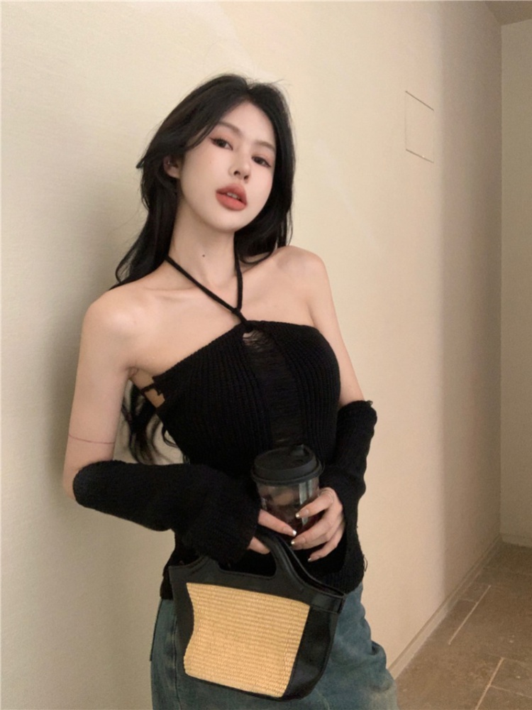 Knitted sleeve sexy sling vest halter hollow tops