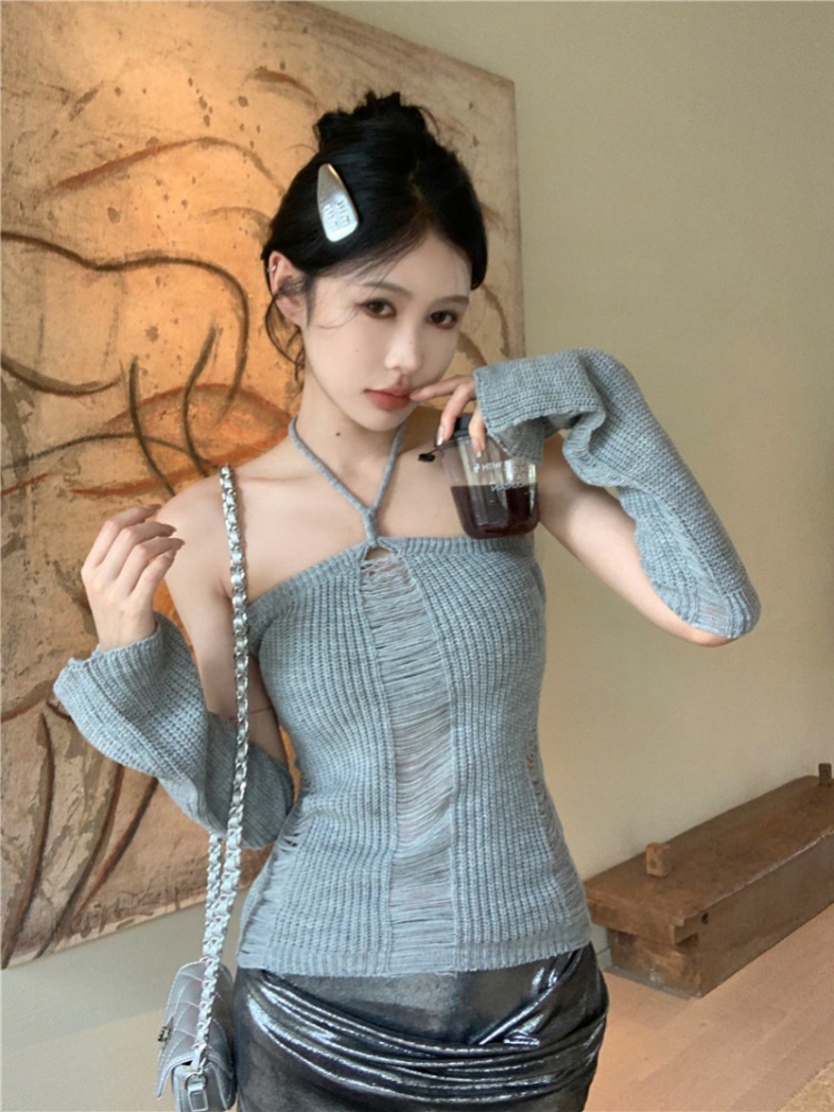 Knitted sleeve sexy sling vest halter hollow tops