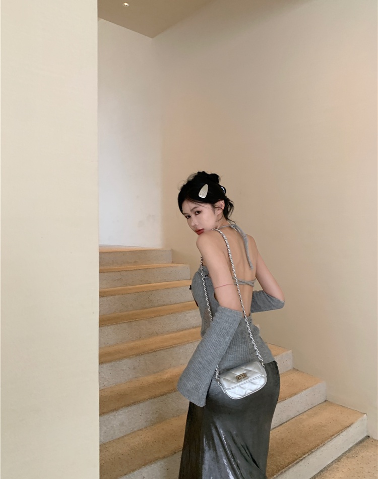 Knitted sleeve sexy sling vest halter hollow tops