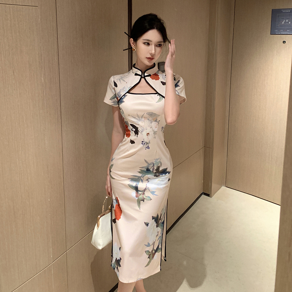 Short sleeve cheongsam package hip dress for women