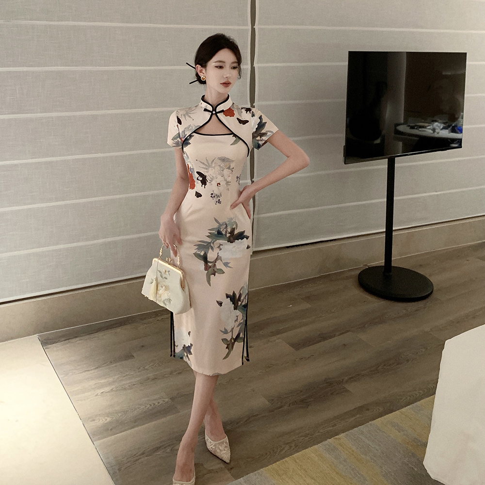 Short sleeve cheongsam package hip dress for women