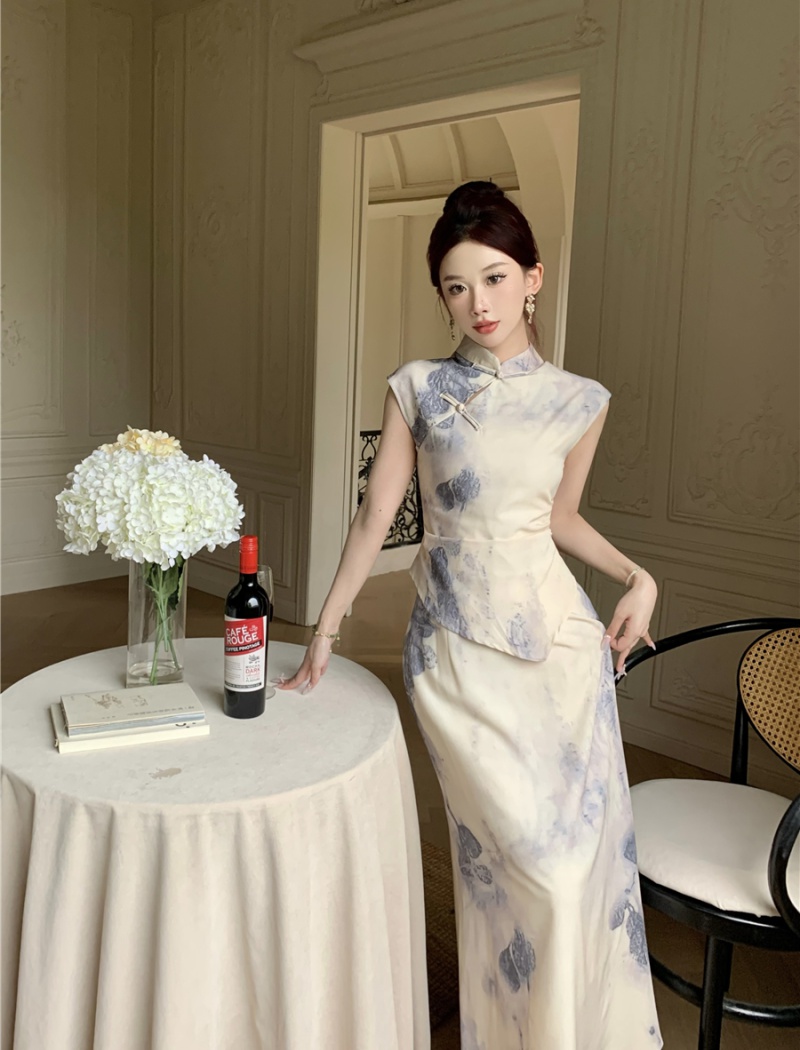 Chinese style dress ink cheongsam 2pcs set for women