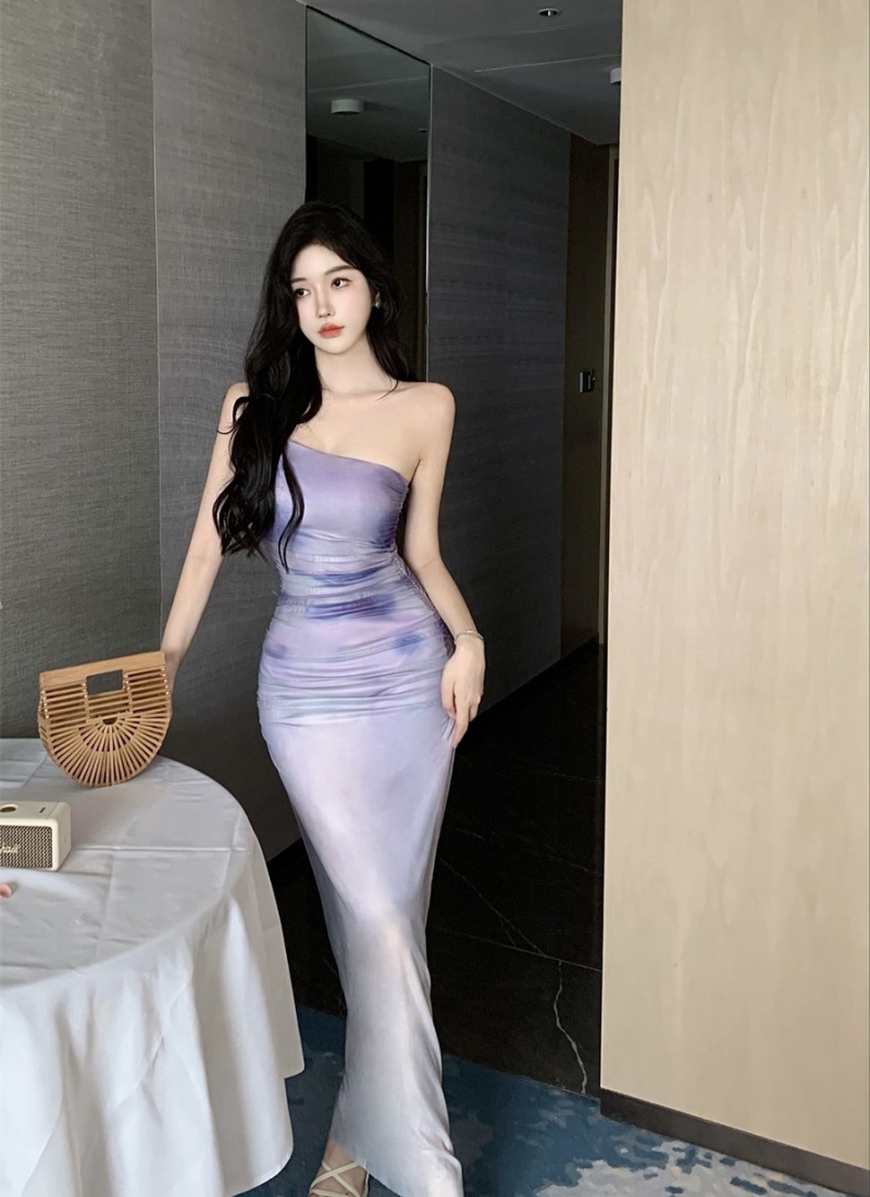 Gauze blooming strap dress sexy shoulder formal dress