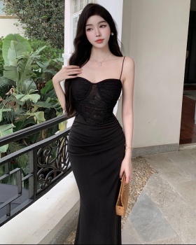 Slim sling lace dress sexy black long dress for women