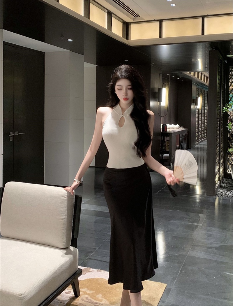 Satin halter A-line knitted skirt Chinese style long hollow tops