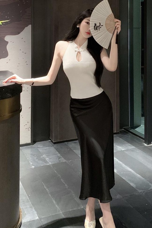 Satin halter A-line knitted skirt Chinese style long hollow tops