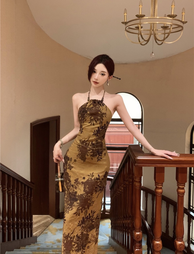 Printing temperament dress pinched waist long dress