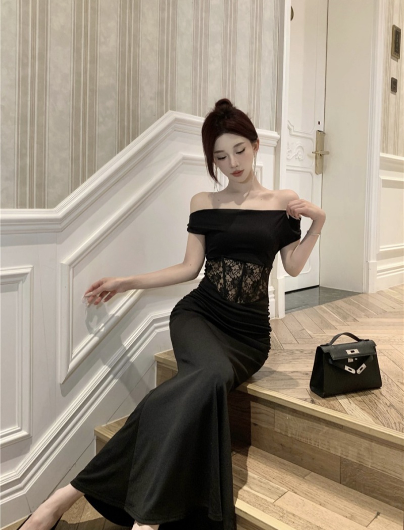 Sexy fold flat shoulder slim splice lace dress