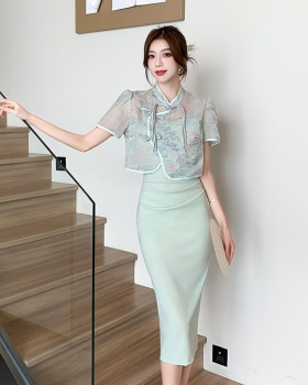 Chinese style embroidery dress sling cheongsam 2pcs set