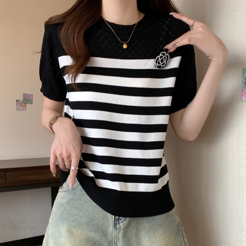 Chanelstyle round neck summer slim thin T-shirt