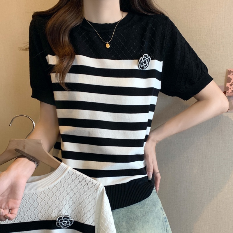 Chanelstyle round neck summer slim thin T-shirt