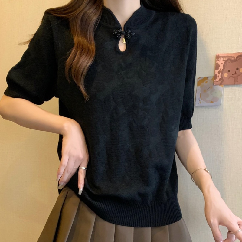 Thin summer Chinese style sweater slim ice silk T-shirt for women