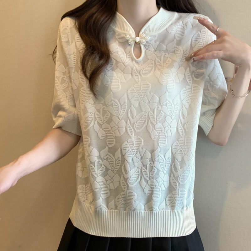 Thin summer Chinese style sweater slim ice silk T-shirt for women