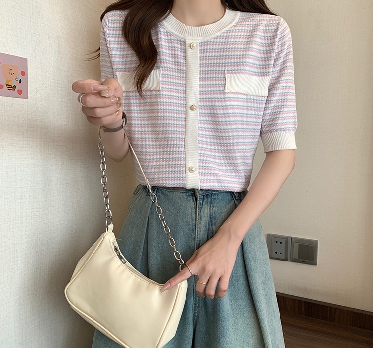 Knitted round neck summer chanelstyle thin T-shirt