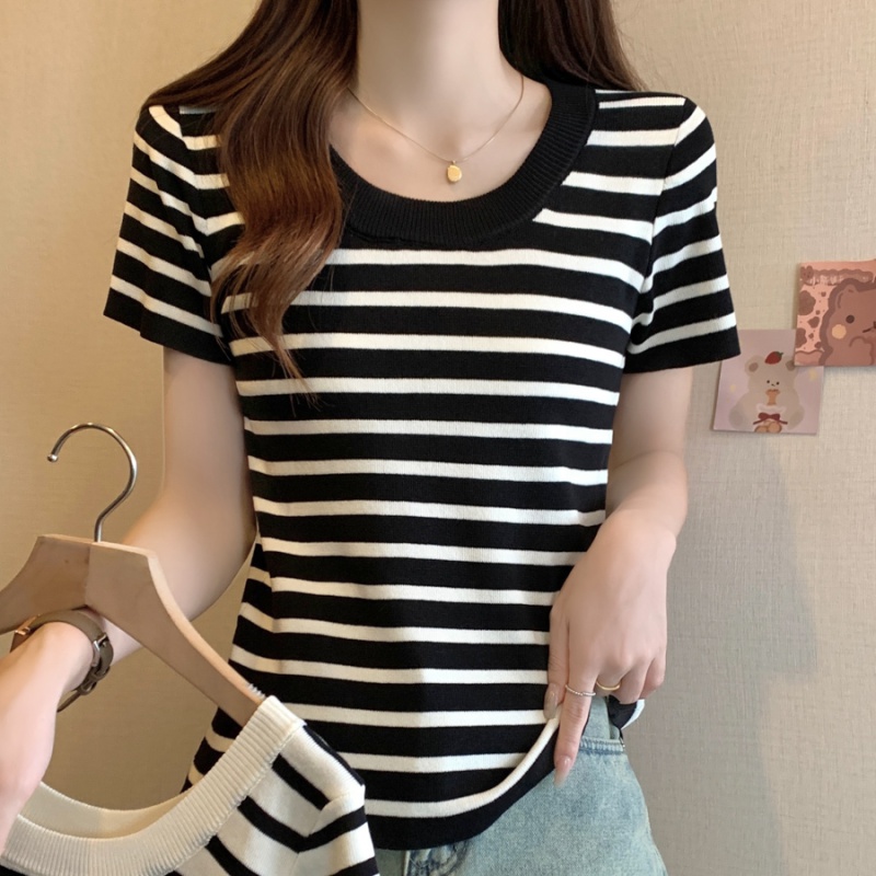 Short sleeve ice silk chanelstyle summer knitted T-shirt