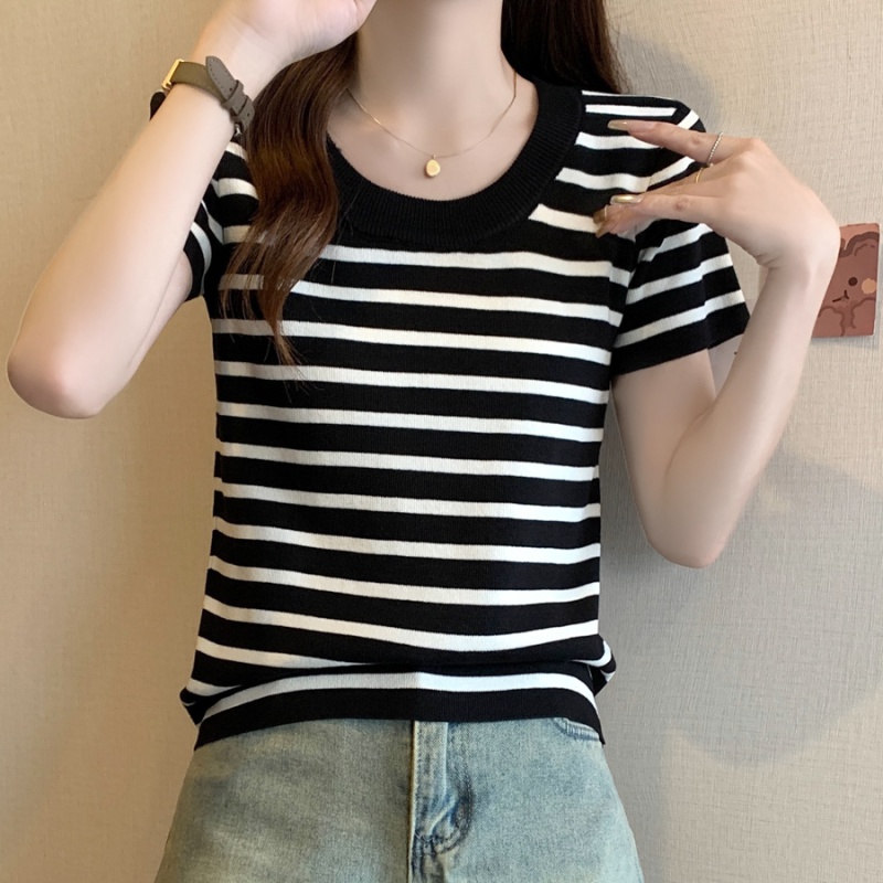 Short sleeve ice silk chanelstyle summer knitted T-shirt