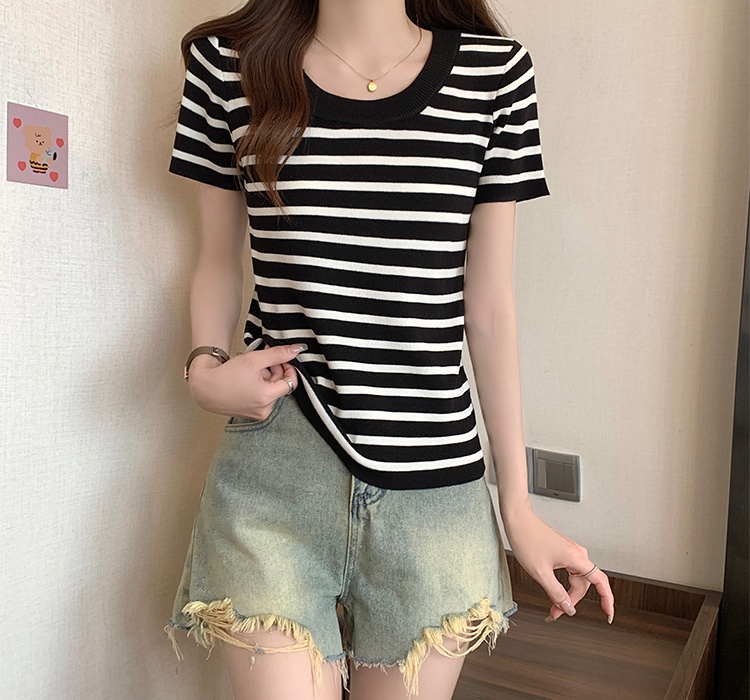 Short sleeve ice silk chanelstyle summer knitted T-shirt