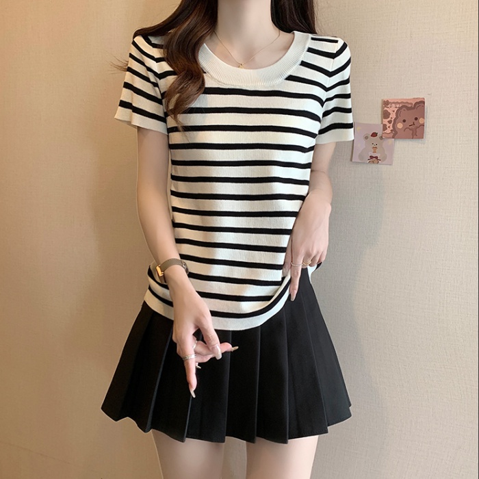 Short sleeve ice silk chanelstyle summer knitted T-shirt