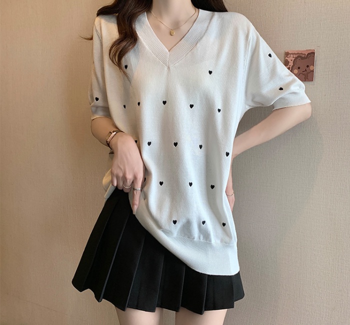 Summer thin ice silk V-neck knitted T-shirt for women