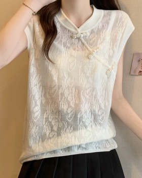 Thin knitted ice silk summer hollow Chinese style T-shirt