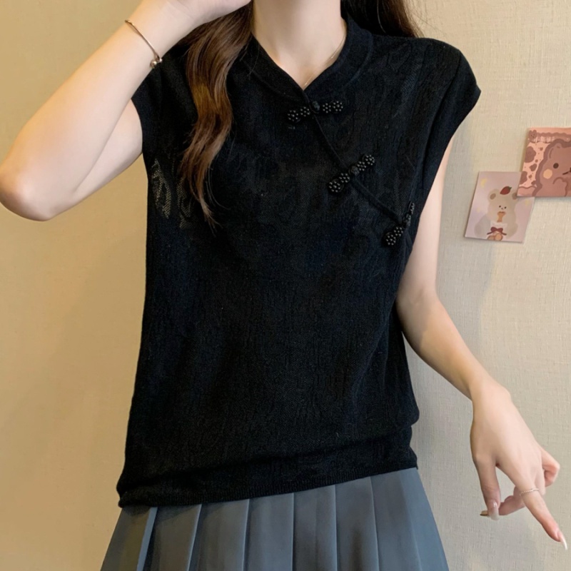 Thin knitted ice silk summer hollow Chinese style T-shirt