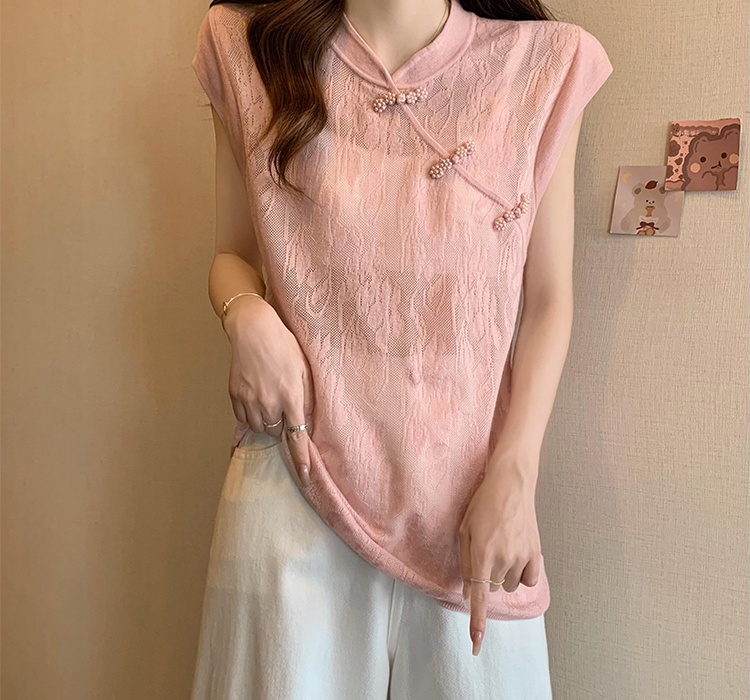 Thin knitted ice silk summer hollow Chinese style T-shirt