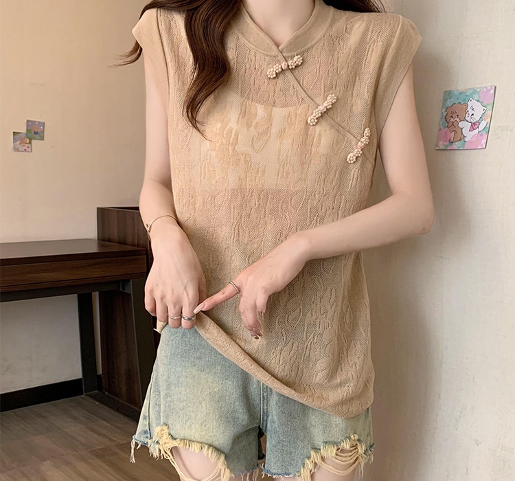 Thin knitted ice silk summer hollow Chinese style T-shirt