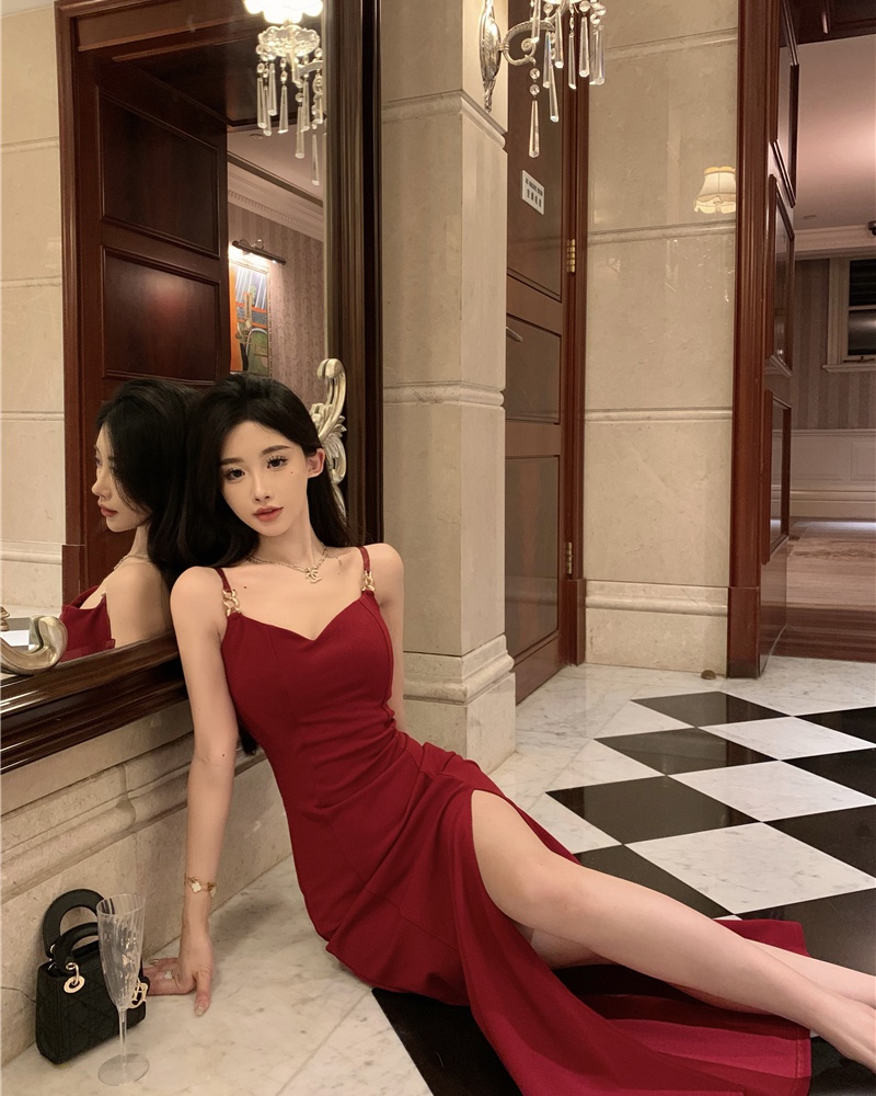 Retro little sexy all-match long dress slim sling dress