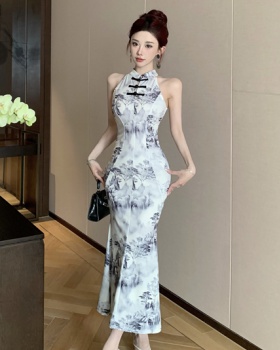 Ink slim Chinese style long dress retro mermaid cheongsam